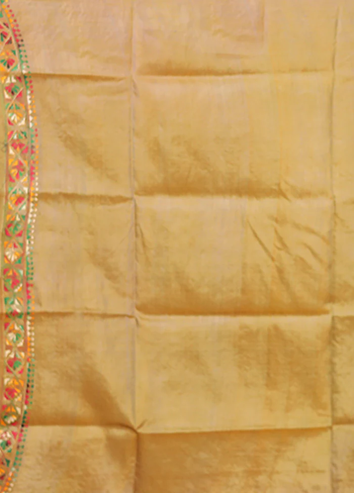 Green Handloom Kantha Stitch Pure Silk Saree With Blouse Piece - Image 5