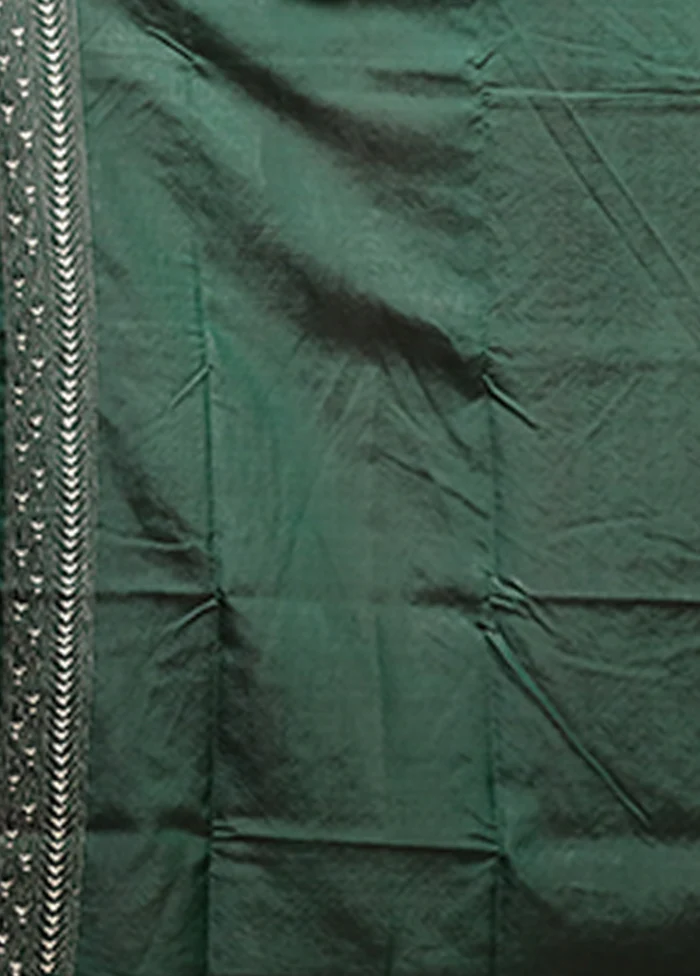 Green Handloom Kantha Stitch Pure Silk Saree With Blouse Piece - Image 5