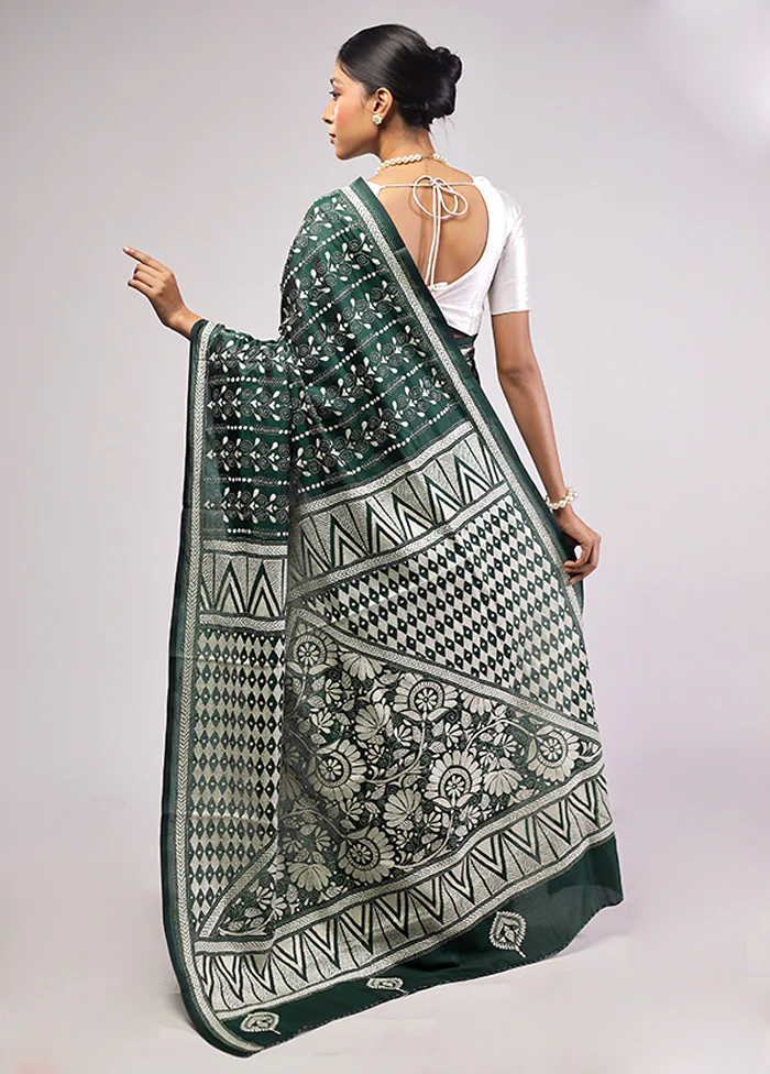 Green Handloom Kantha Stitch Pure Silk Saree With Blouse Piece - Image 3