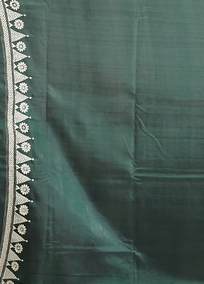 Green Handloom Kantha Stitch Pure Silk Saree With Blouse Piece - Image 5