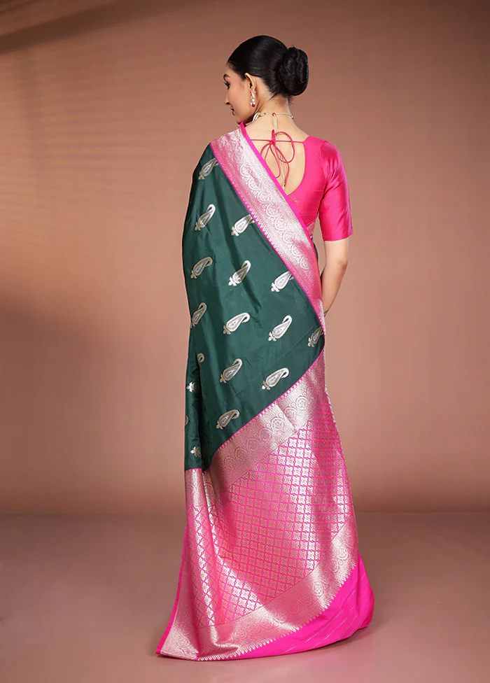 Green Handloom Katan Pure Silk Saree With Blouse Piece - Image 3