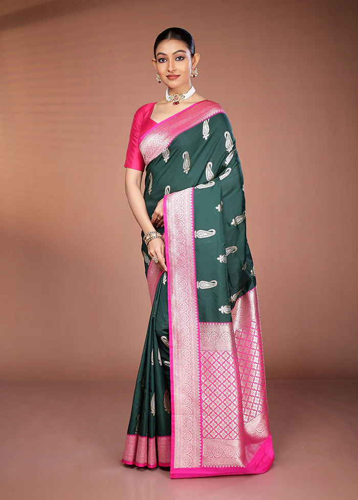 Green Handloom Katan Pure Silk Saree With Blouse Piece - Image 4