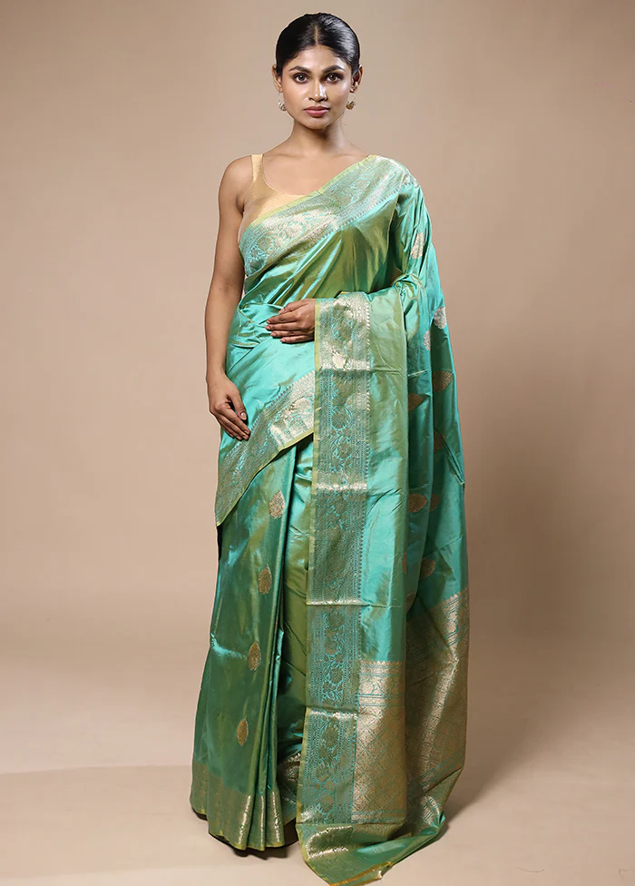 Green Handloom Katan Pure Silk Saree With Blouse Piece - Image 2