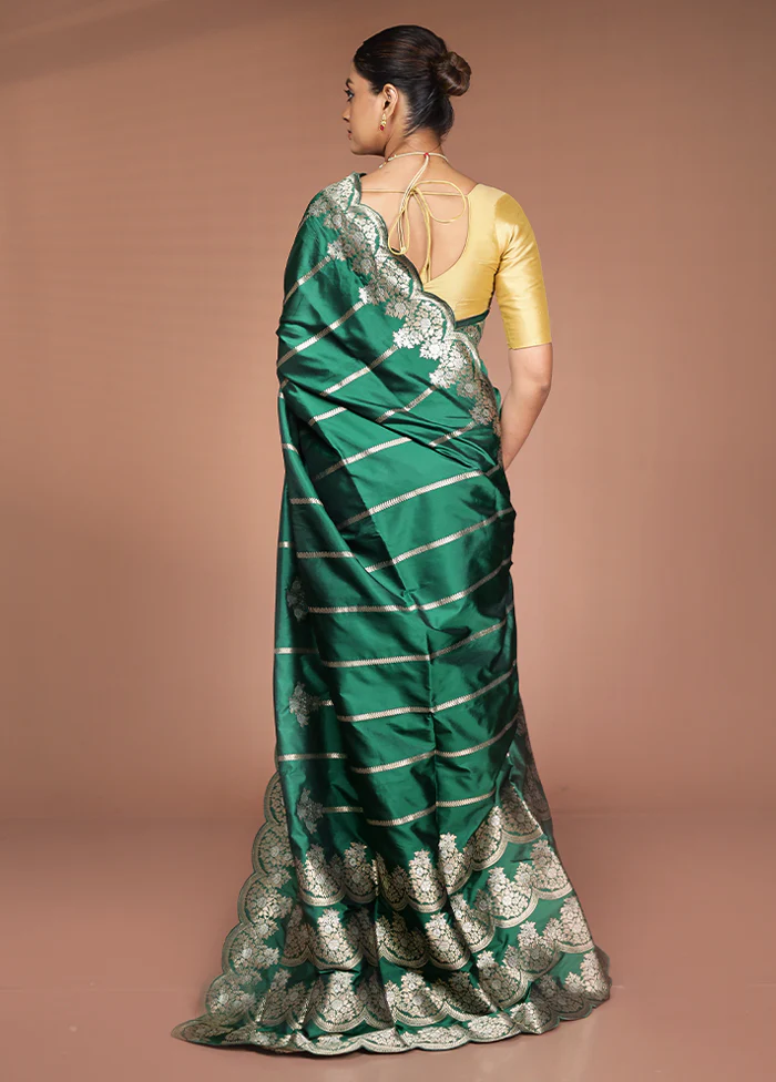 Green Handloom Katan Pure Silk Saree With Blouse Piece - Image 3
