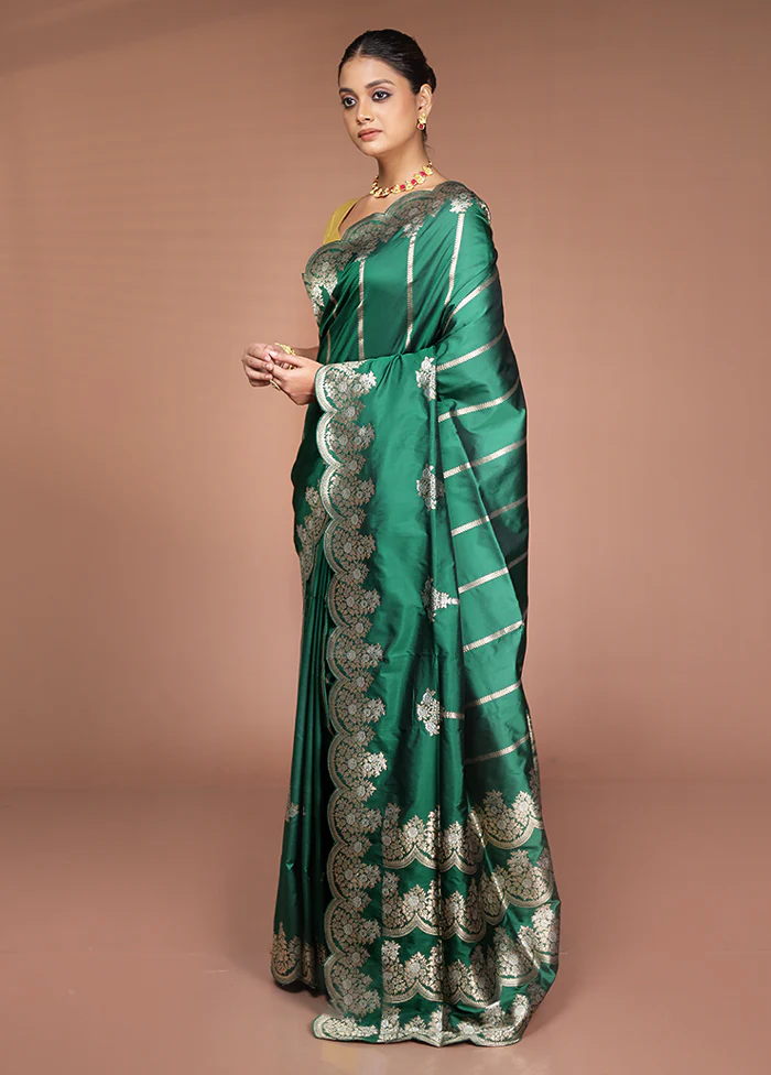 Green Handloom Katan Pure Silk Saree With Blouse Piece - Image 4