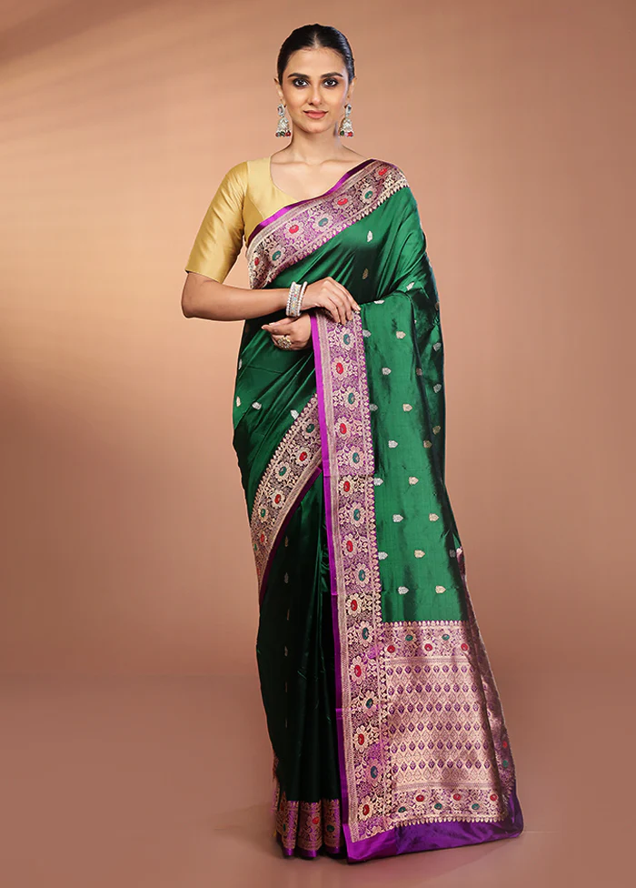 Green Handloom Katan Pure Silk Saree With Blouse Piece - Image 2