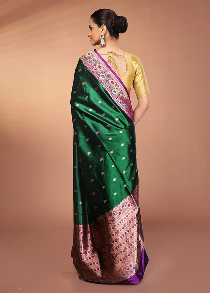 Green Handloom Katan Pure Silk Saree With Blouse Piece - Image 3