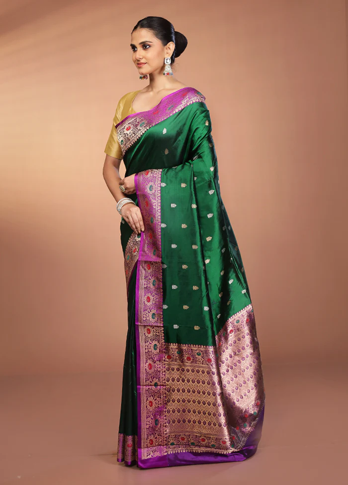 Green Handloom Katan Pure Silk Saree With Blouse Piece - Image 4
