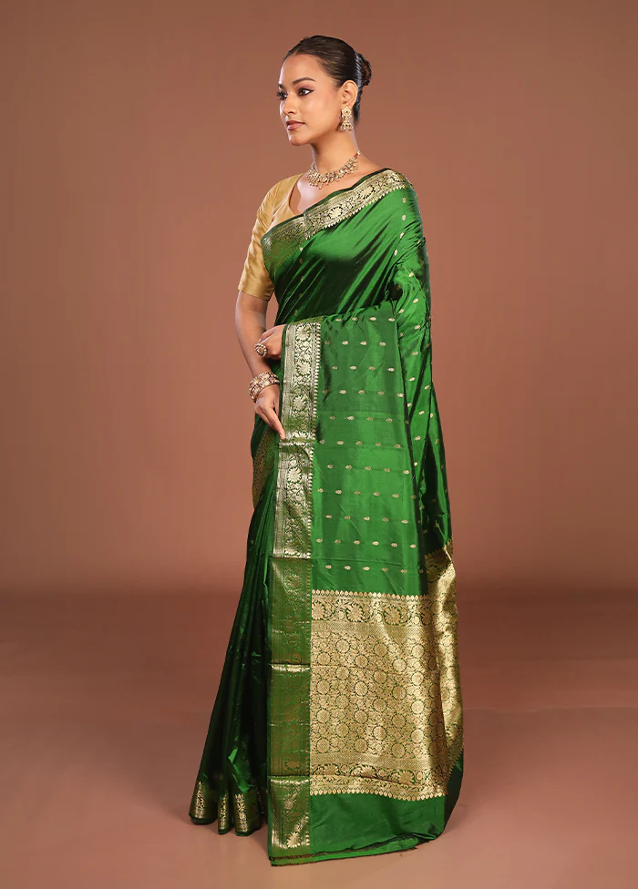 Green Handloom Katan Pure Silk Saree With Blouse Piece - Image 4