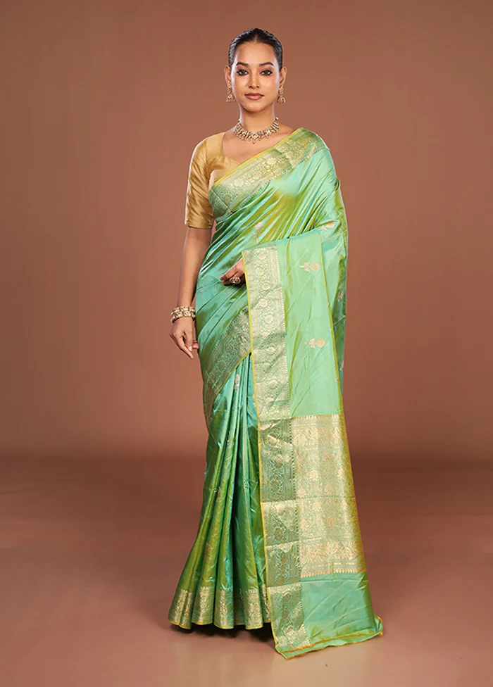 Green Handloom Katan Pure Silk Saree With Blouse Piece - Image 2
