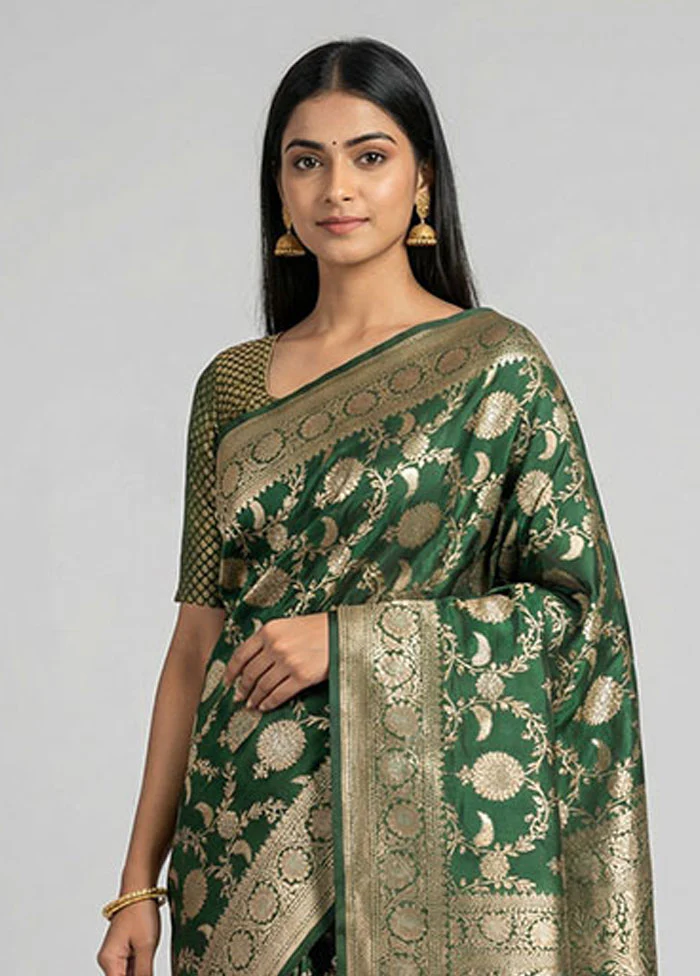 Green Handloom Katan Pure Silk Saree With Blouse Piece - Image 2