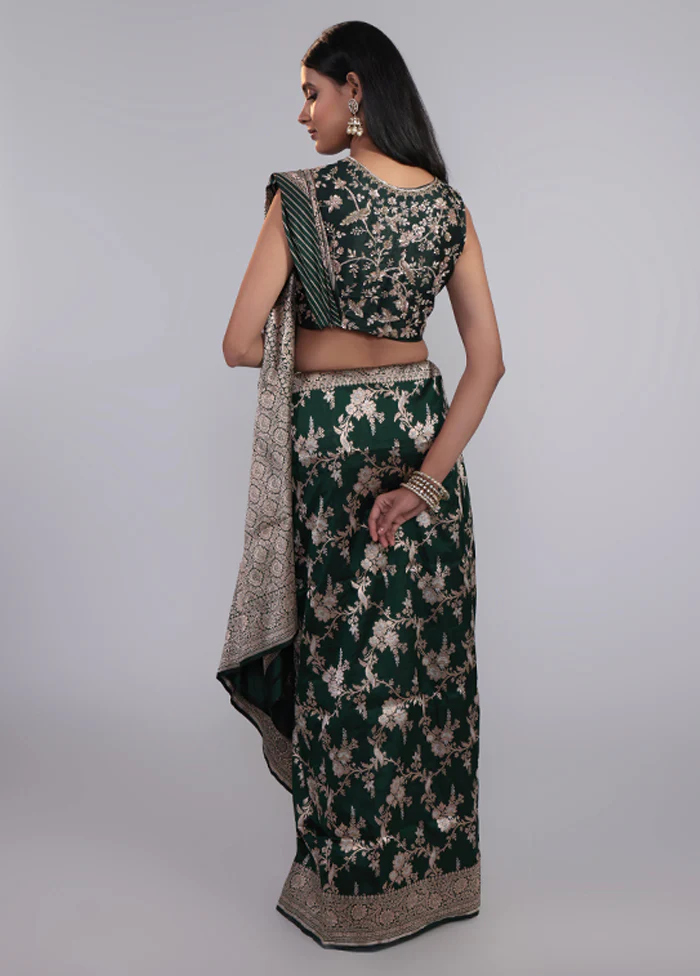 Green Handloom Katan Pure Silk Saree With Blouse Piece - Image 3