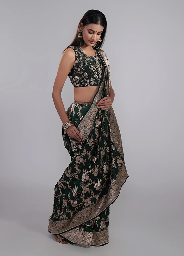 Green Handloom Katan Pure Silk Saree With Blouse Piece - Image 4