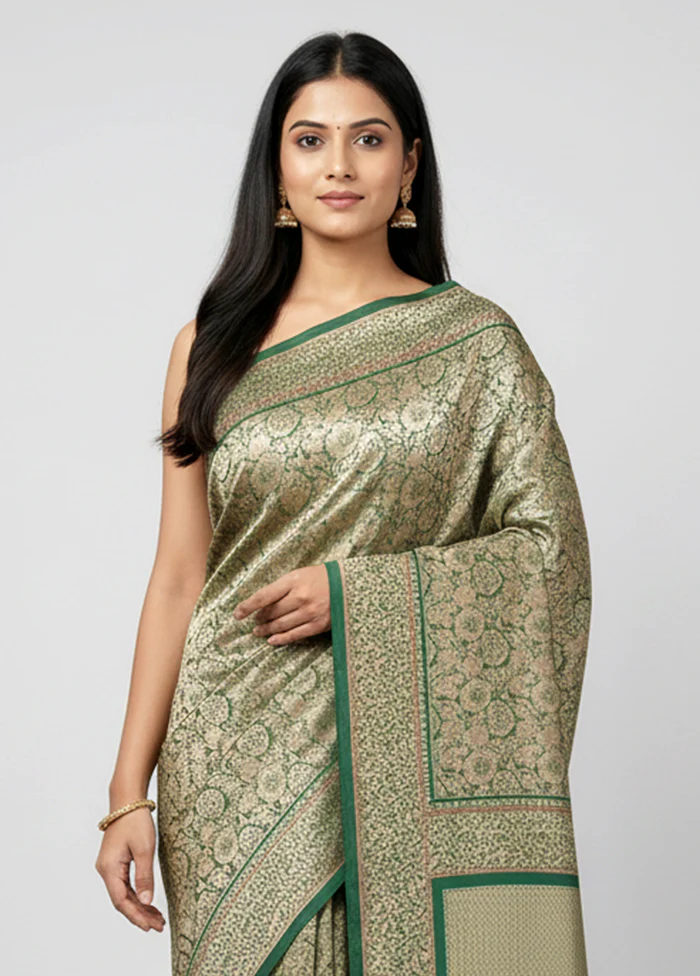 Green Handloom Katan Pure Silk Saree With Blouse Piece - Image 2