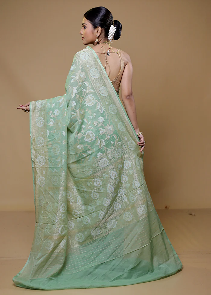 Green Handloom Kora Pure Silk Saree With Blouse Piece - Image 3
