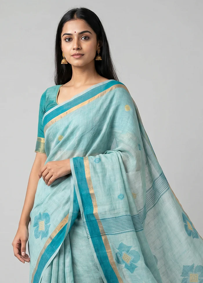 Green Handloom Linen Pure Silk Saree With Blouse Piece - Image 2