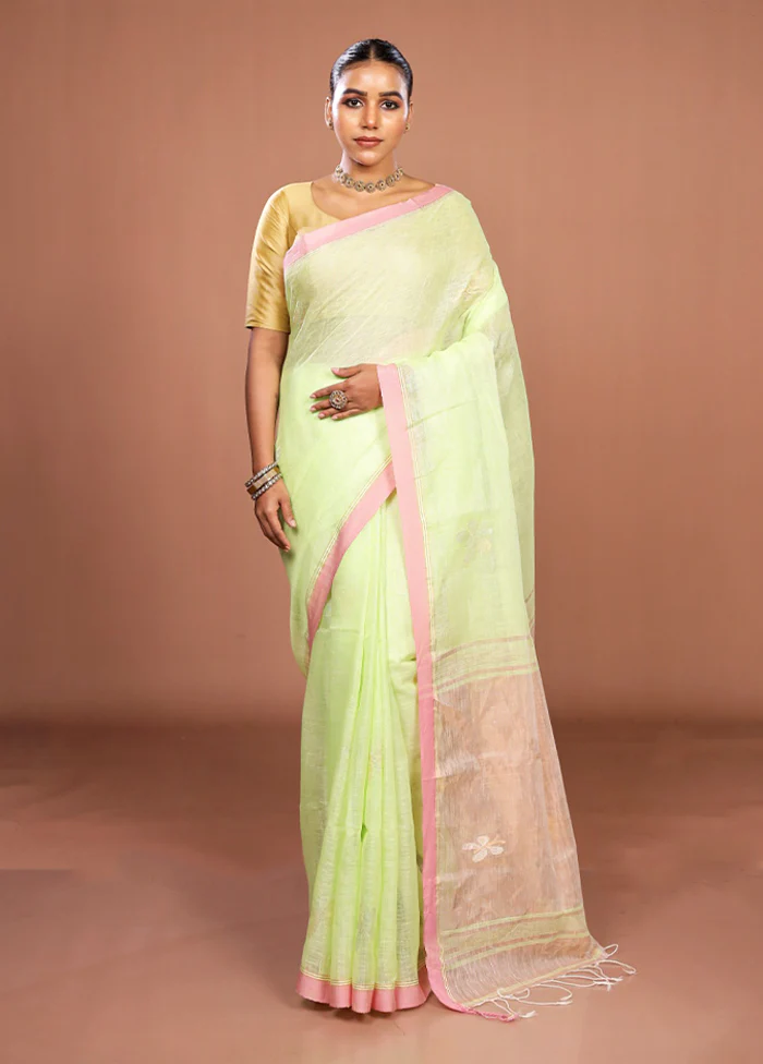 Green Handloom Linen Pure Silk Saree With Blouse Piece - Image 2