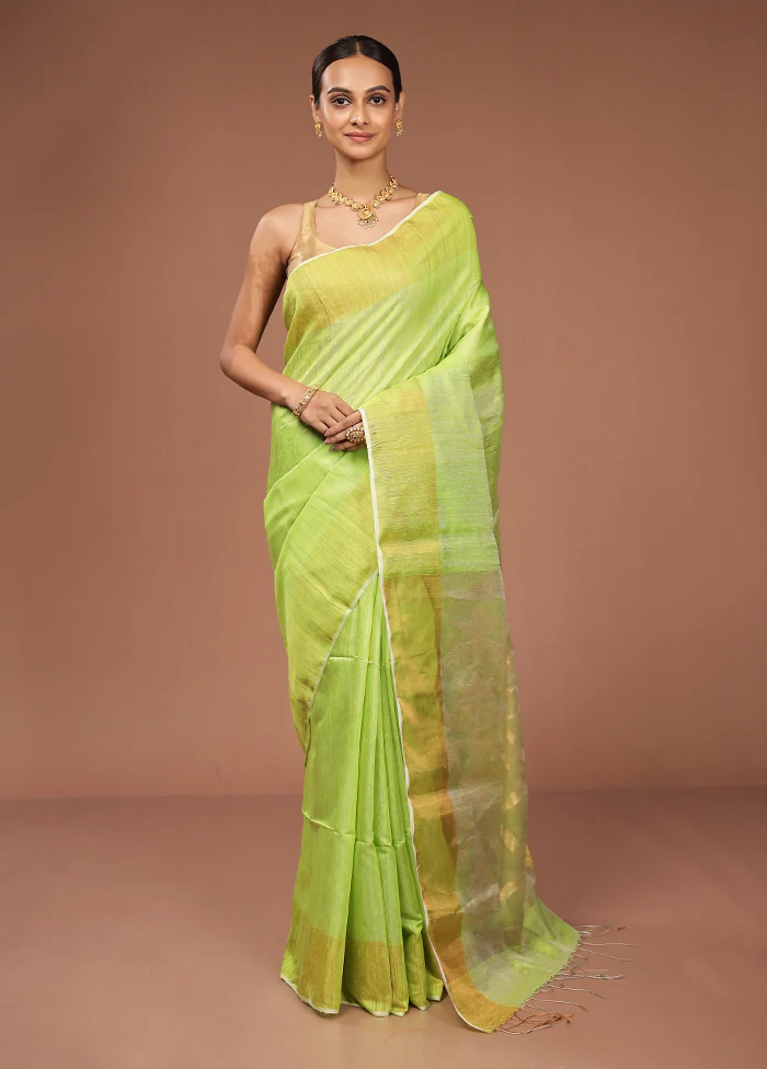 Green Handloom Matka Pure Silk Saree With Blouse Piece - Image 2