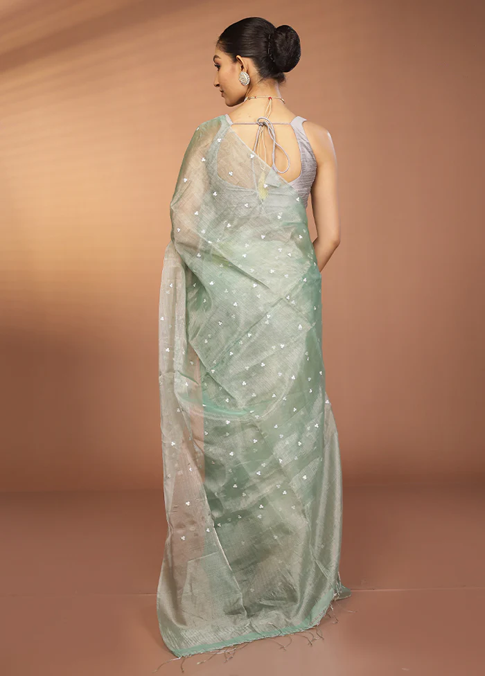 Green Handloom Matka Pure Silk Saree With Blouse Piece - Image 3