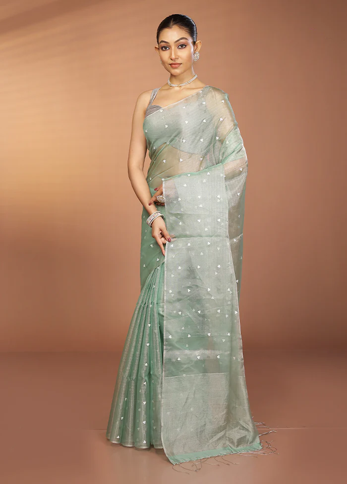 Green Handloom Matka Pure Silk Saree With Blouse Piece - Image 4
