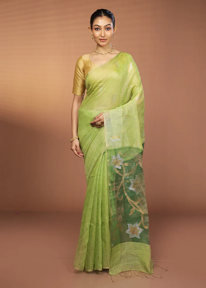 Green Handloom Matka Pure Silk Saree With Blouse Piece - Image 2