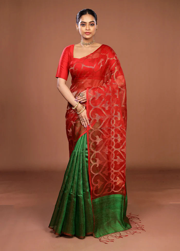 Green Handloom Matka Pure Silk Saree With Blouse Piece - Image 2