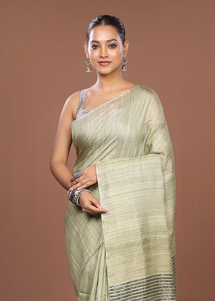 Green Handloom Matka Pure Silk Saree With Blouse Piece