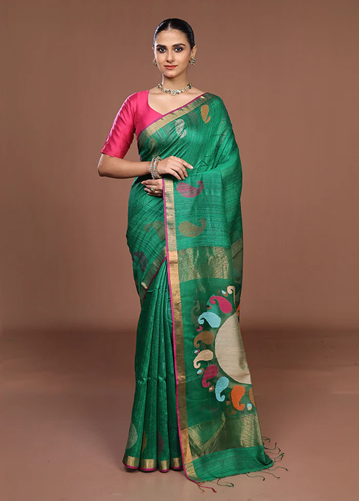 Green Handloom Matka Pure Silk Saree With Blouse Piece - Image 2