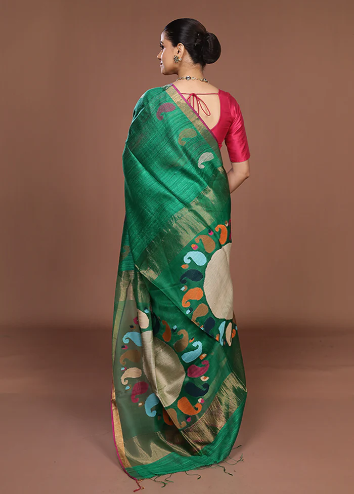 Green Handloom Matka Pure Silk Saree With Blouse Piece - Image 3