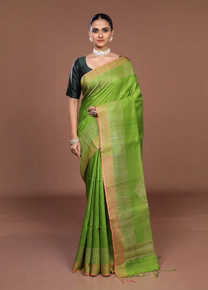 Green Handloom Matka Pure Silk Saree With Blouse Piece - Image 2