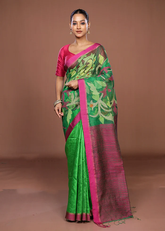 Green Handloom Matka Pure Silk Saree With Blouse Piece - Image 2