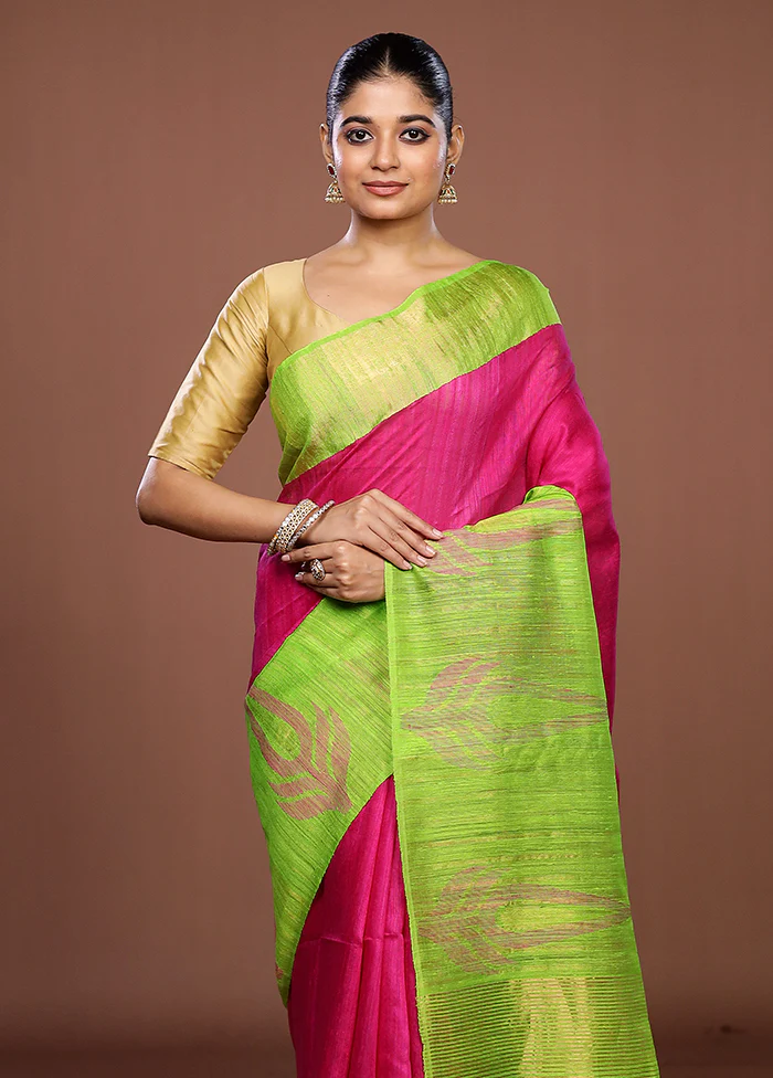 Green Handloom Matka Pure Silk Saree With Blouse Piece