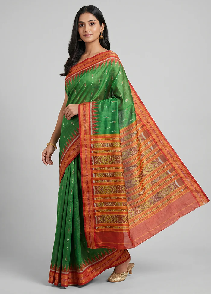 Green Handloom Patola Pure Silk Saree With Blouse Piece