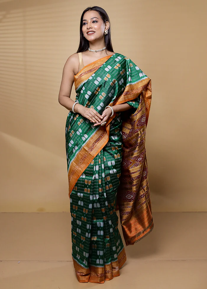 Green Handloom Ikkat Pure Silk Saree Without Blouse Piece - Image 2