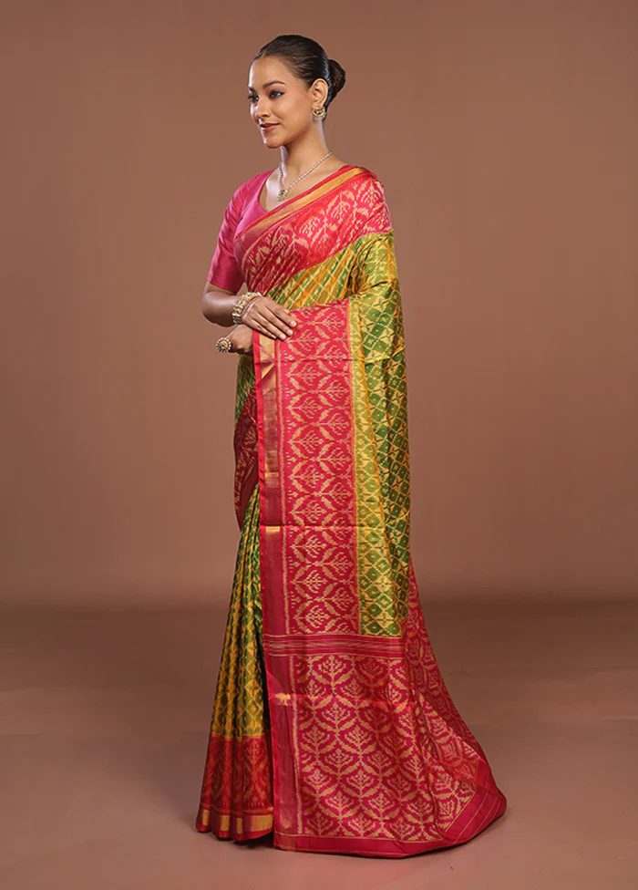 Green Handloom Patola Pure Silk Saree With Blouse Piece - Image 4