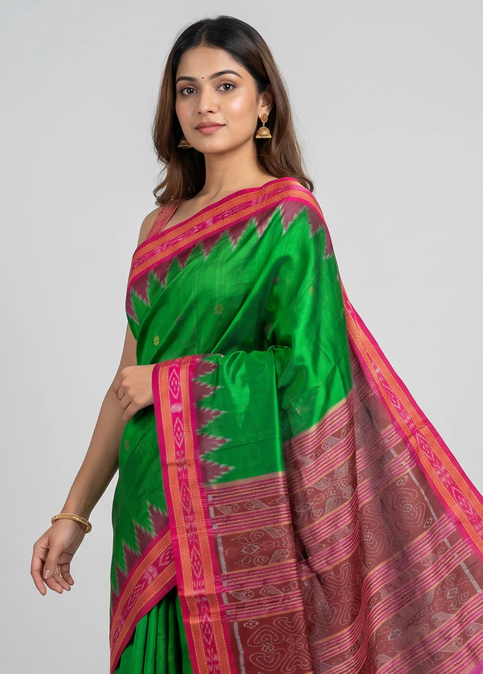 Green Handloom Patola Pure Silk Saree With Blouse Piece - Image 2