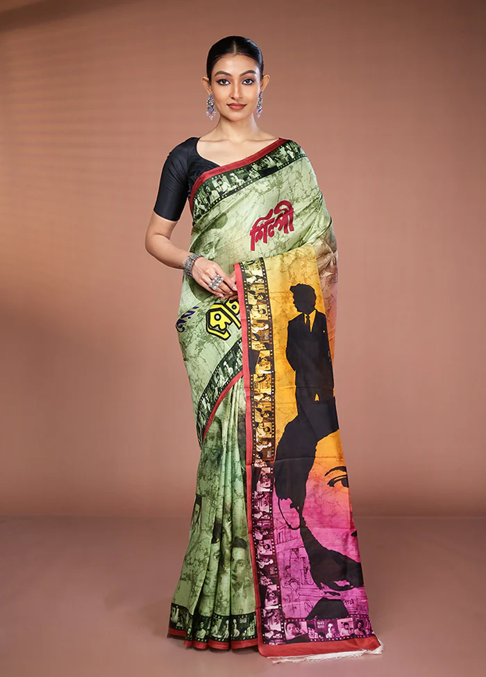 Green Handloom Printed Pure Silk Saree Without Blouse Piece - Image 2