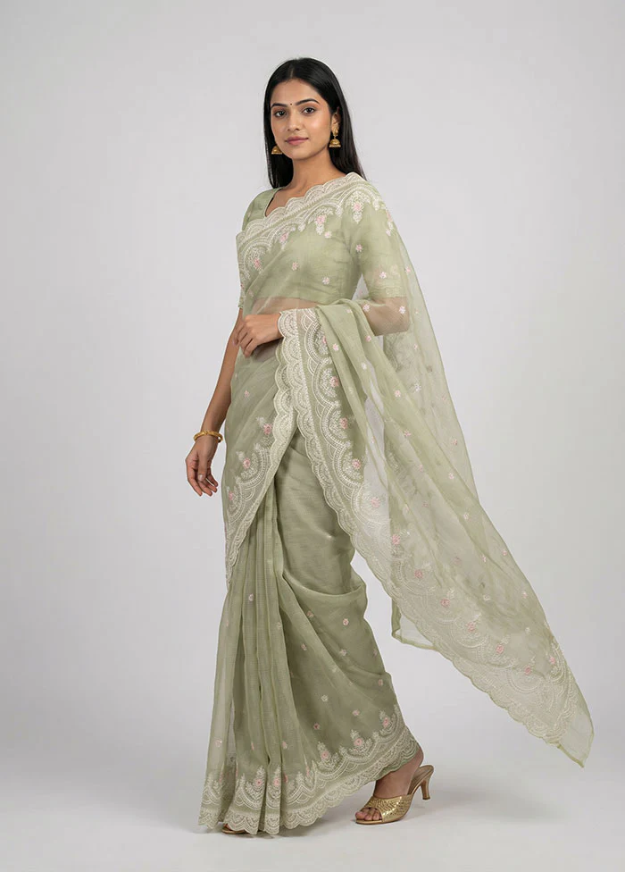 Green Handloom Pure Cotton Saree With Blouse Piece