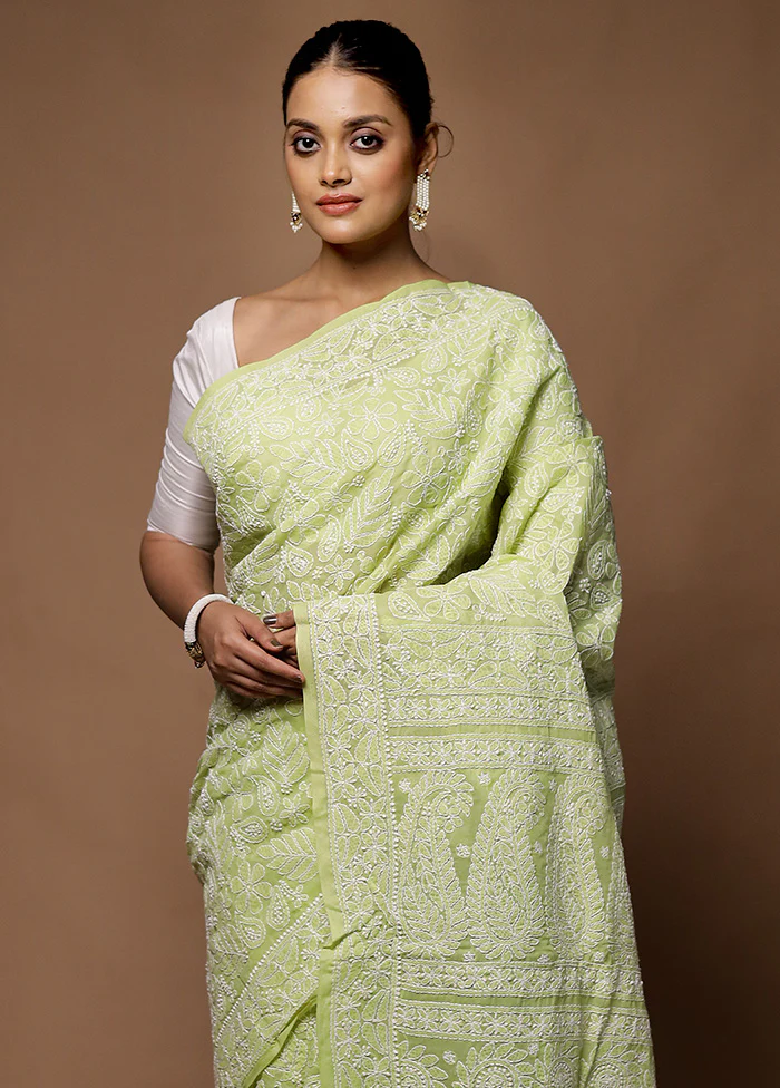 Green Handloom Pure Cotton Saree With Blouse Piece - Image 2