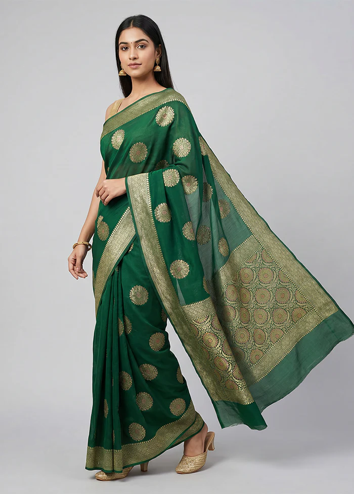 Green Handloom Pure Georgette Saree With Blouse Piece