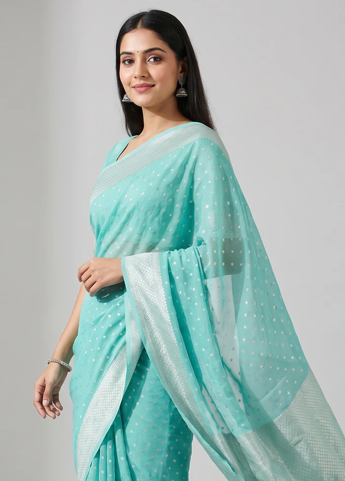 Green Handloom Pure Georgette Saree With Blouse Piece - Image 2