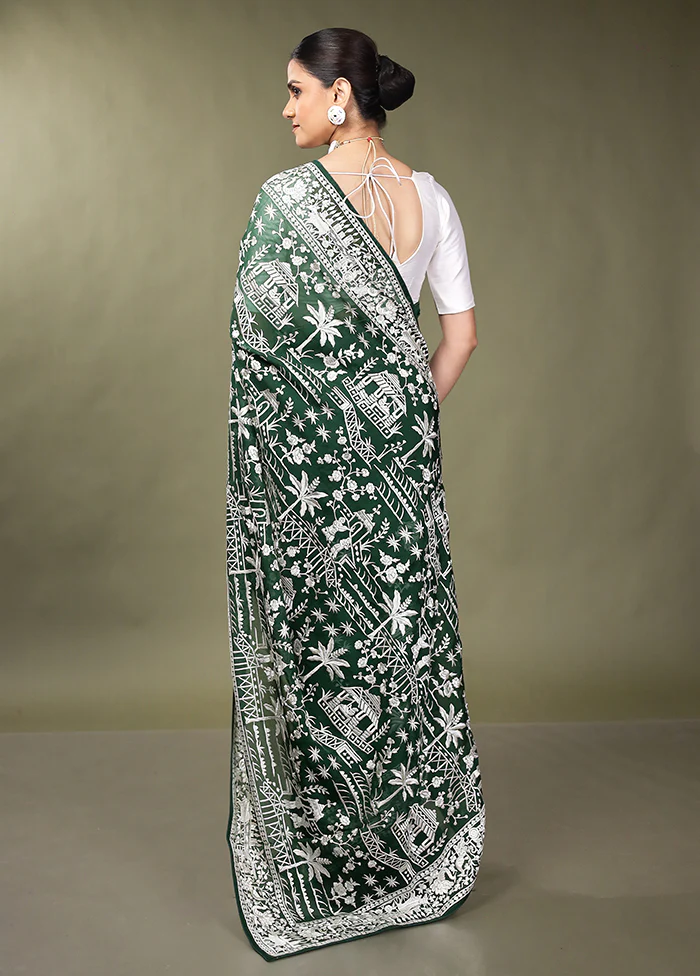 Green Handloom Pure Georgette Saree With Blouse Piece - Image 3