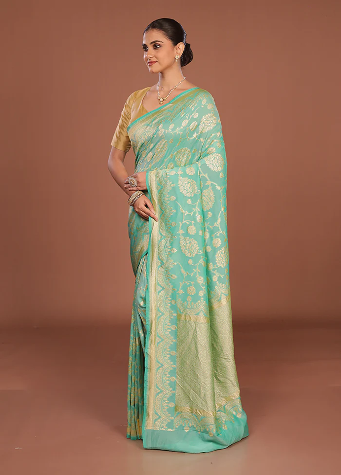 Green Handloom Pure Georgette Saree With Blouse Piece - Image 4