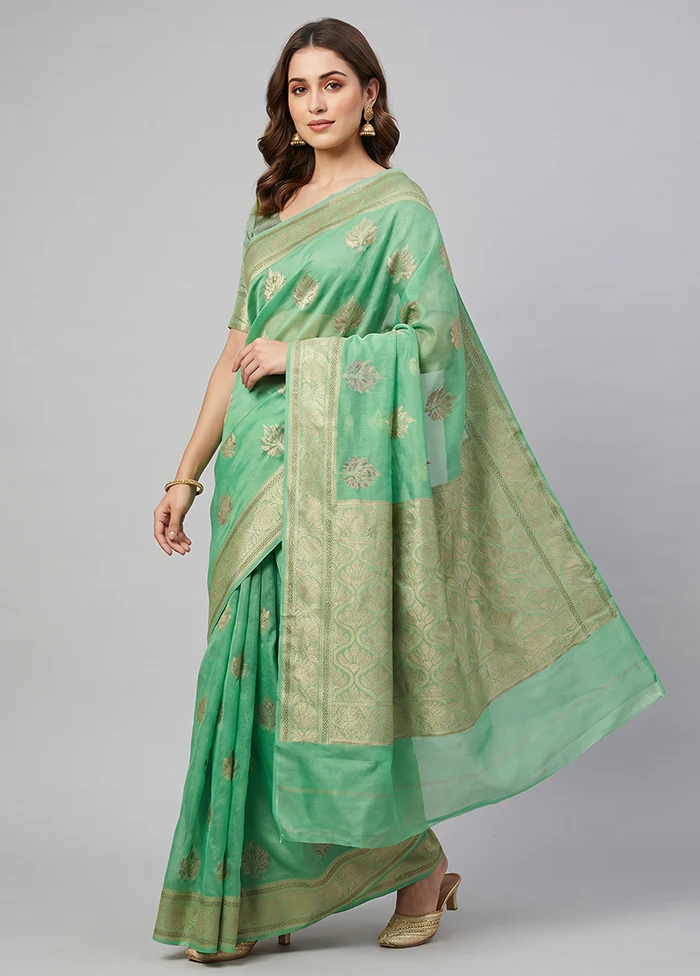 Green Handloom Pure Georgette Saree With Blouse Piece