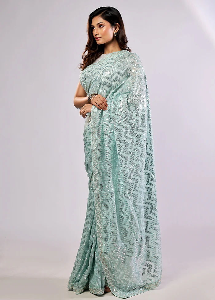 Green Handloom Pure Georgette Saree With Blouse Piece - Image 3