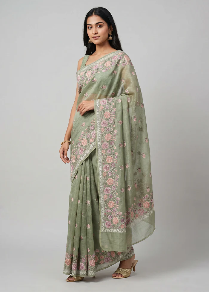Green Handloom Pure Organza Saree With Blouse Piece