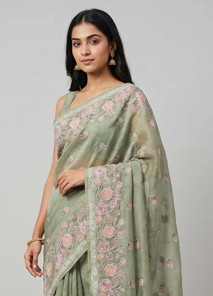Green Handloom Pure Organza Saree With Blouse Piece - Image 2