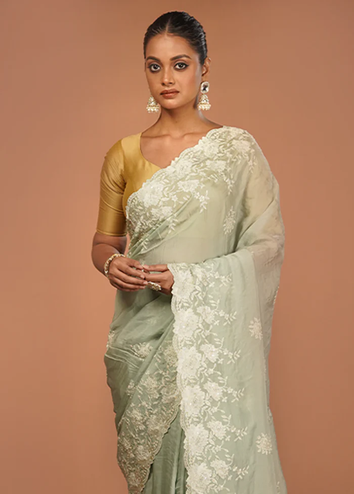 Green Handloom Pure Organza Saree With Blouse Piece