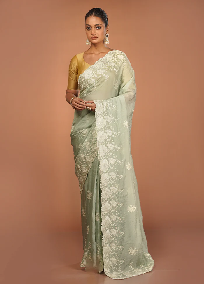 Green Handloom Pure Organza Saree With Blouse Piece - Image 2
