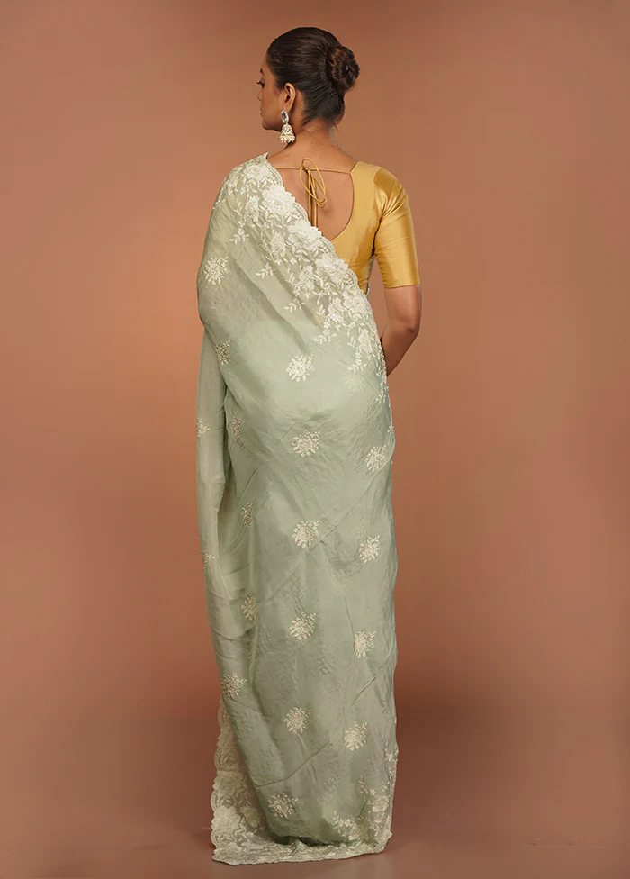 Green Handloom Pure Organza Saree With Blouse Piece - Image 3